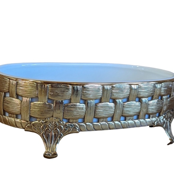 Vintage 24KT Gold Platted Ornate Stylebuilt Basket Weave Ceramic Insert Footed - Picture 3 of 8